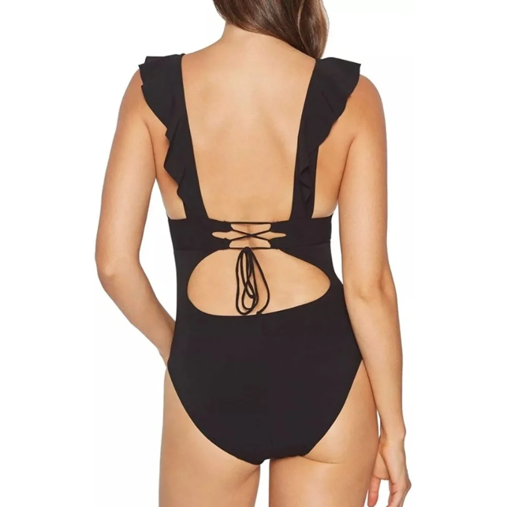 Robine Piccone Lina Ruffle V- Neck One-Piece Swimsuit - Size 10 - Picture 2 of 12